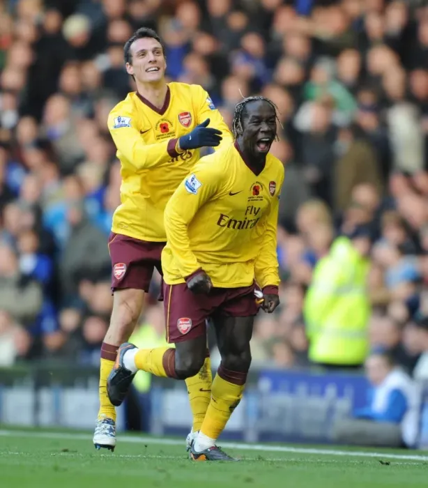Framed Print : Unforgettable Arsenal Victory: Sagna and Squillaci's Goal Celebration vs. Everton (November 14, 2010)