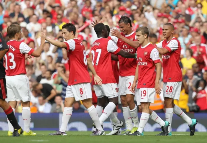 Framed Print : Unforgettable Goal Celebration: Chamakh and Eboue at Emirates Cup (2010)