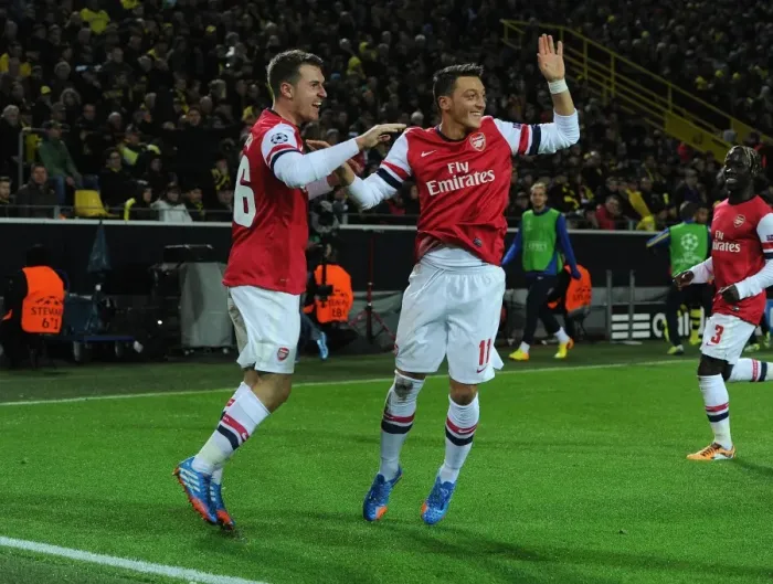 Framed Print : Unforgettable: Ramsey and Ozil's Epic Goal Celebration (Borussia Dortmund vs. Arsenal, UEFA Champions League, 2013-14)