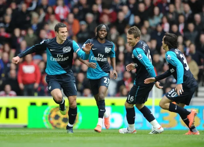 Framed Print : United in Victory: Van Persie, Gervinho, Ramsey, and Benayoun Celebrate Goal Against Stoke City Framed Print : United in Victory: Van Persie, Gervinho, Ramsey, and Benayoun Celebrate Goal Against Stoke City