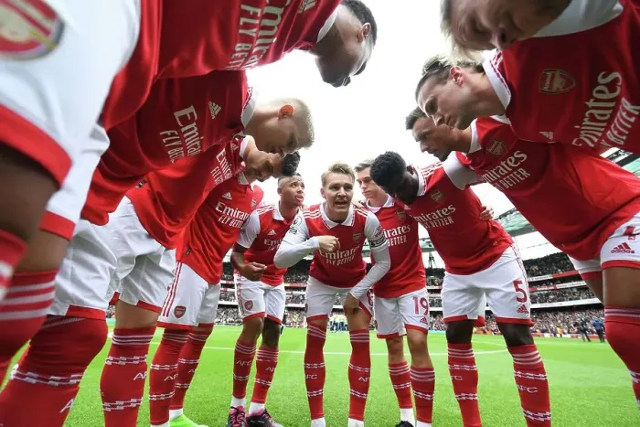 Framed Print : Unity Before Battle: Arsenal FC vs Leeds United, Premier League 2022-23 - The Arsenal Team Huddle