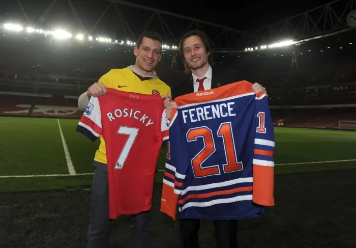 Framed Print : Unlikely Friends: Rosicky and NHL Player Ference Celebrate Arsenal's Victory (2013 / 14) Framed Print : Unlikely Friends: Rosicky and NHL Player Ference Celebrate Arsenal's Victory (2013 / 14)