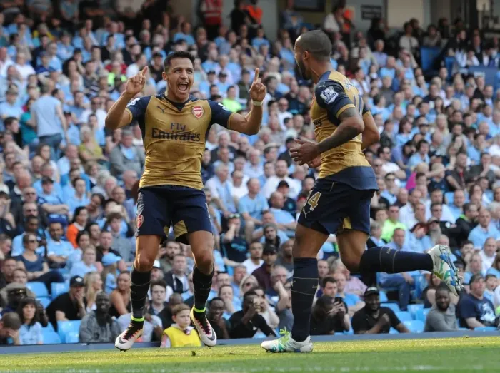 Framed Print : Unstoppable Arsenal Duo: Alexis Sanchez and Theo Walcott Celebrate Goals Against Manchester City (May 2016)