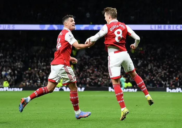 Framed Print : Unstoppable Duo: Odegaard and Xhaka's Unforgettable Goal Celebration in Arsenal's Triumph over Tottenham (2022-23) Framed Print : Unstoppable Duo: Odegaard and Xhaka's Unforgettable Goal Celebration in Arsenal's Triumph over Tottenham (2022-23)