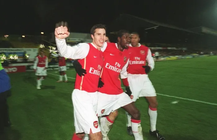 Framed Print : Van Persie, Adebayor, and Baptista: Celebrating a Winning Goal for Arsenal at Vicarage Road (2006) Framed Print : Van Persie, Adebayor, and Baptista: Celebrating a Winning Goal for Arsenal at Vicarage Road (2006)