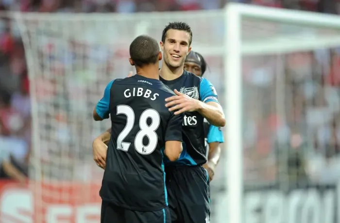 Framed Print : Van Persie and Gibbs: Celebrating a Goal for Arsenal against Benfica, 2011-12 Pre-Season Friendly