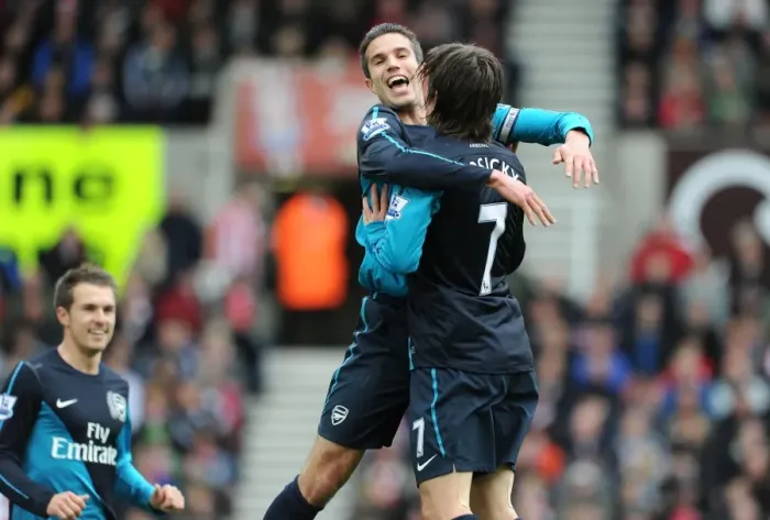 Framed Print : Van Persie and Rosicky's Goal Celebration: Stoke City vs. Arsenal (2011-12) Framed Print : Van Persie and Rosicky's Goal Celebration: Stoke City vs. Arsenal (2011-12)