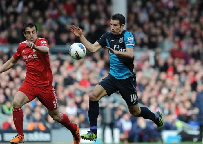 Framed Print : Van Persie vs Enrique: Intense Battle at Anfield (Liverpool v Arsenal, Premier League 2011-12)