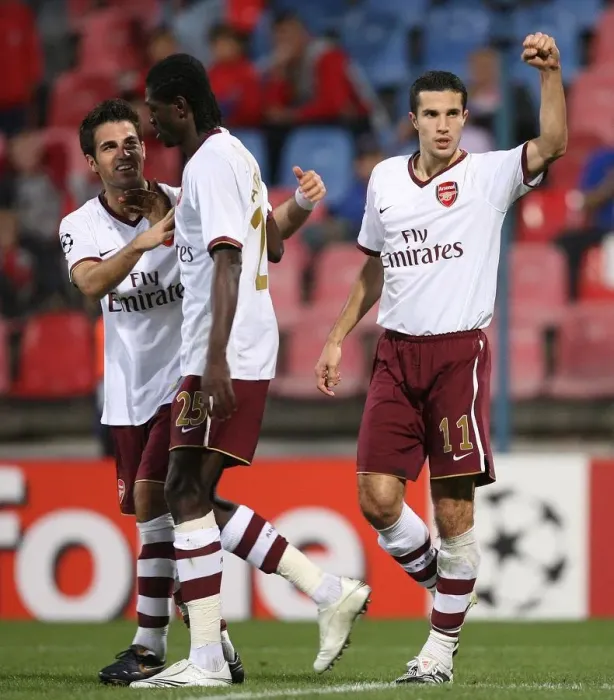 Framed Print : Van Persie's Strike: Fabregas and Adebayor in Jubilation after Arsenal's UEFA Champions League Victory over Steaua Bucharest (2007) Framed Print : Van Persie's Strike: Fabregas and Adebayor in Jubilation after Arsenal's UEFA Champions League Victory over Steaua Bucharest (2007)