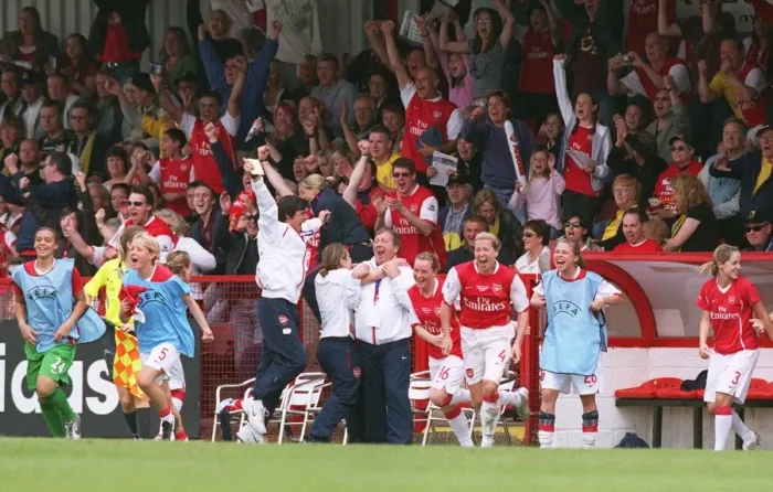 Framed Print : Vic Akers Euphoric Moment: Arsenal Ladies UEFA Cup Final Draw Against Umea IK