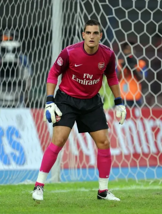 Framed Print : Vito Mannone: In Action for Arsenal Against Malaysia XI (2012)