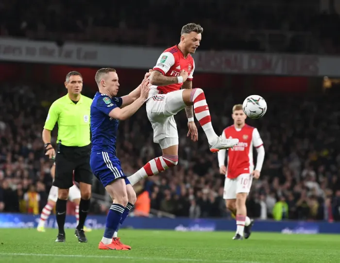 Framed Print : White's Unyielding Defense: Arsenal vs Leeds United in Carabao Cup Battle