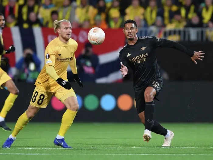 Framed Print : William Saliba Clashes with Lars Salvese: Arsenal vs. Bodø / Glimt, UEFA Europa League 2022-23 Framed Print : William Saliba Clashes with Lars Salvese: Arsenal vs. Bodø / Glimt, UEFA Europa League 2022-23