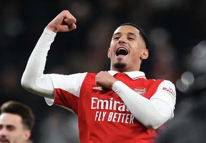 Framed Print : William Saliba's Celebration: Arsenal's Victory Over Tottenham Hotspur in the Premier League (2022-23)