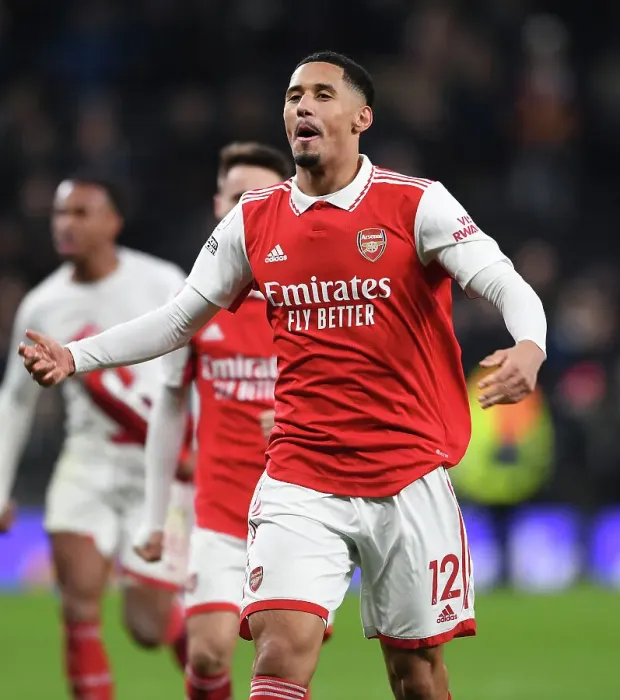 Framed Print : William Saliba's Celebration: Arsenal's Win at Tottenham Hotspur Stadium (2022-23)