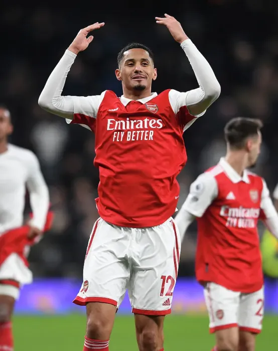 Framed Print : William Saliba's Euphoric Moment: Arsenal's Victory Over Tottenham Hotspur in the 2022-23 Premier League