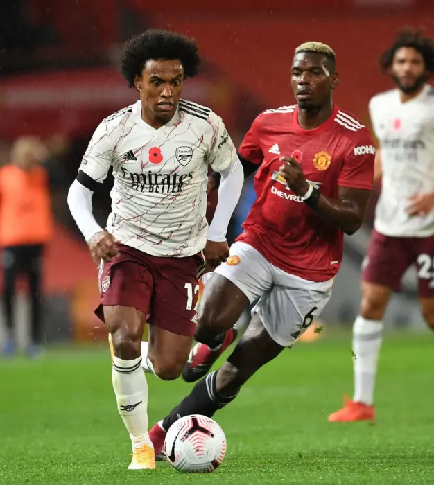 Framed Print : Willian Breaks Past Pogba: Manchester United vs. Arsenal, Premier League 2020-21