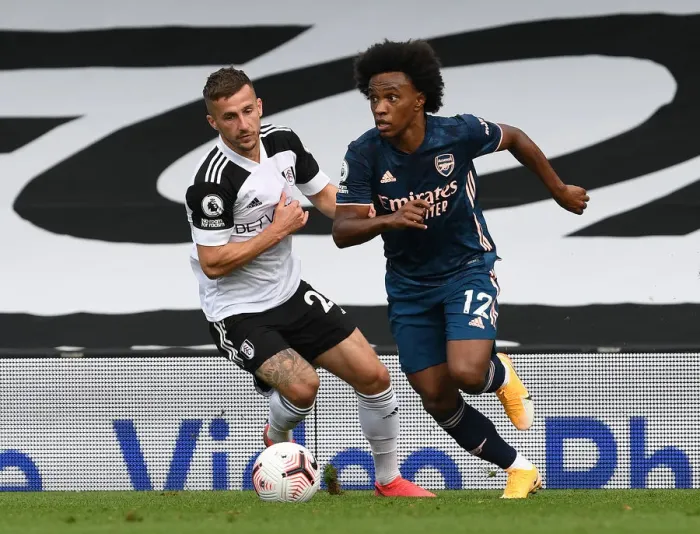 Framed Print : Willian Dashes Past Fulham's Joe Bryan: Arsenal vs Fulham, Premier League 2020-21