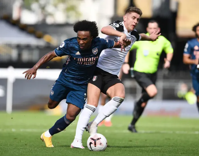 Framed Print : Willian Fouled by Tom Cairney: Fulham vs. Arsenal, Premier League 2020-21 Framed Print : Willian Fouled by Tom Cairney: Fulham vs. Arsenal, Premier League 2020-21