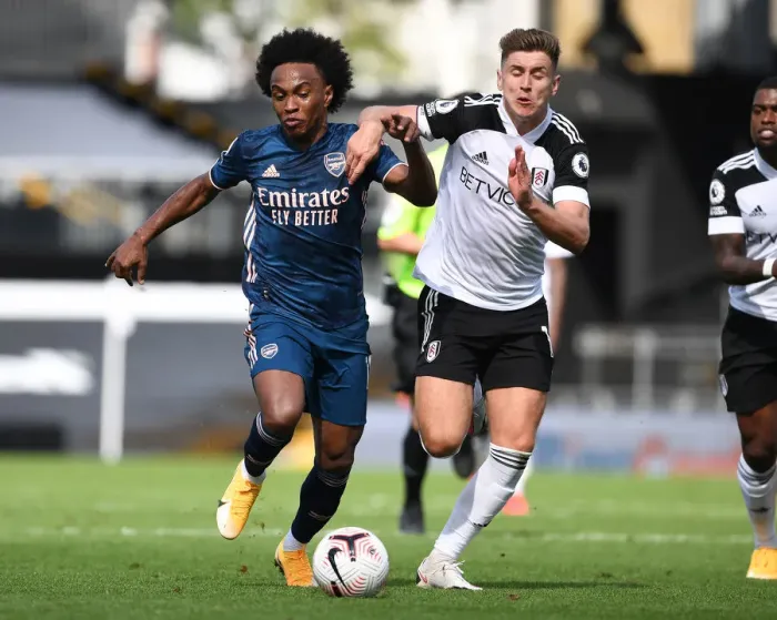 Framed Print : Willian Fouled by Tom Cairney: Fulham vs Arsenal, Premier League 2020-21 Framed Print : Willian Fouled by Tom Cairney: Fulham vs Arsenal, Premier League 2020-21