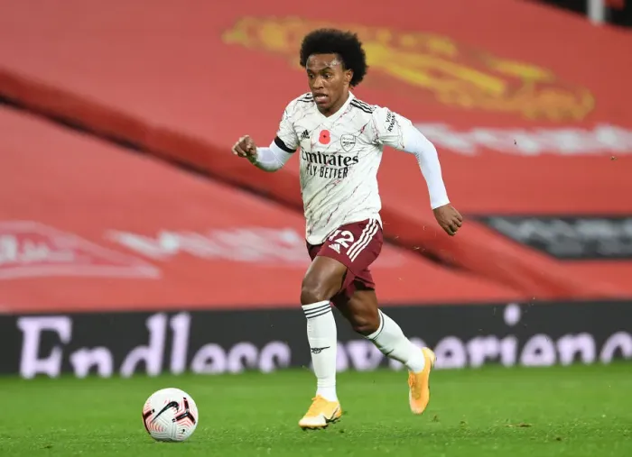 Framed Print : Willian at Empty Old Trafford: Arsenal vs Manchester United (2020-21 Premier League)