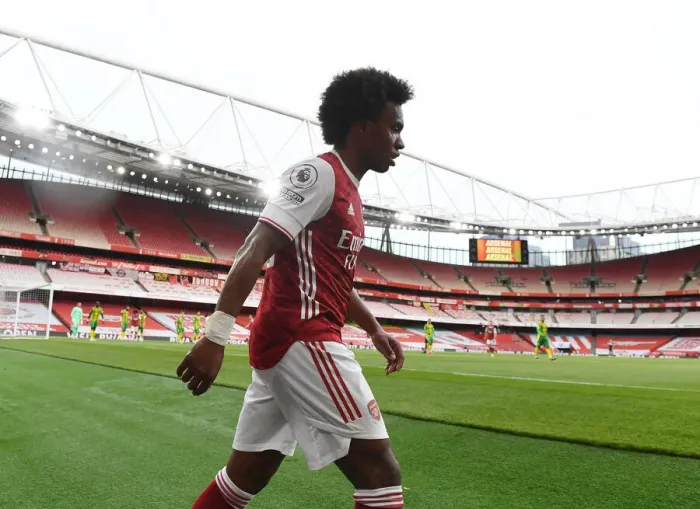 Framed Print : Willian Plays On: Arsenal vs. West Bromwich Albion at Empty Emirates Stadium, Premier League 2021