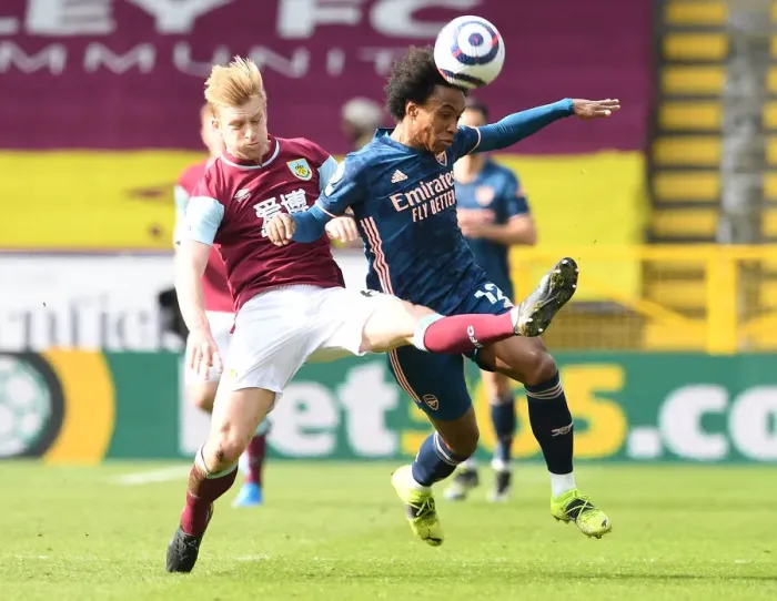 Framed Print : Willian vs Ben Mee: Premier League Showdown at Empty Turf Moor (Burnley vs Arsenal, March 2021)