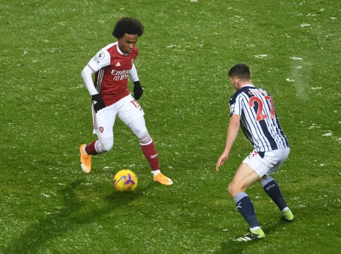 Framed Print : Willian vs Dara O'Shea: Battle at The Hawthorns - West Bromwich Albion vs Arsenal, Premier League 2020-21
