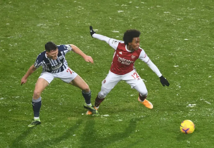 Framed Print : Willian vs. Dara O'Shea: A Battle in the Premier League - West Bromwich Albion vs. Arsenal (January 2021)
