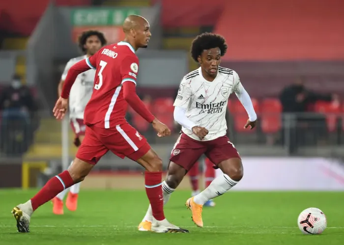 Framed Print : Willian vs Fabinho: Liverpool vs Arsenal, Premier League 2020-21 - An Empty Anfield