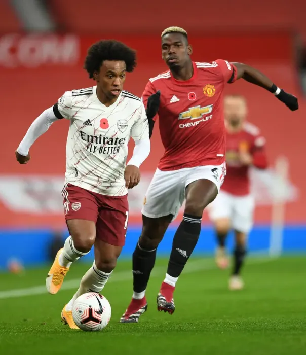 Framed Print : Willian vs. Pogba: Manchester United vs. Arsenal, Premier League 2020-21 - Empty Old Trafford