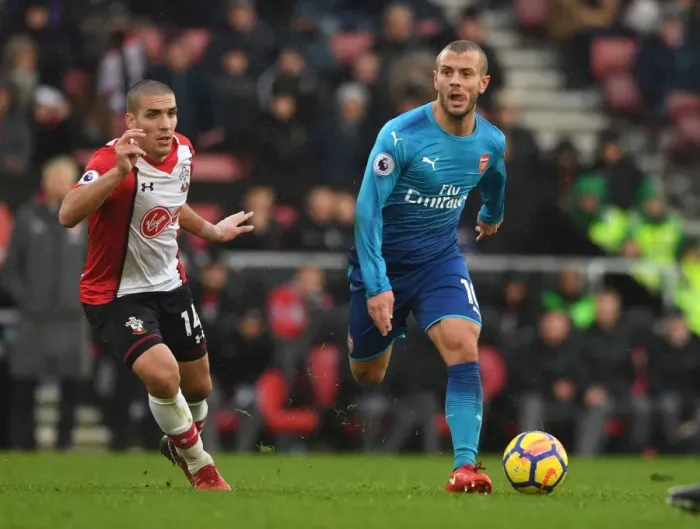 Framed Print : Wilshere vs. Romeu: Battle in the Midfield - Southampton vs. Arsenal, Premier League 2017-18