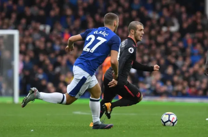 Framed Print : Wilshere vs Vlasic: Battle at Goodison Park - Everton vs Arsenal, Premier League 2017-18