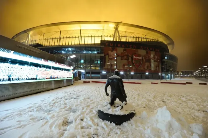 Framed Print : Winter's Embrace: Arsenal's Emirates Stadium Transformed in Snow