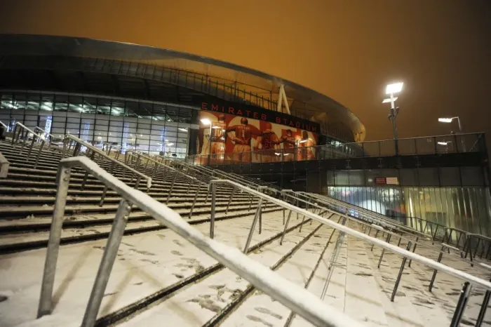 Framed Print : Winter's Embrace at Emirates Stadium: Arsenal's Snow-Covered Fortress, London (2009)