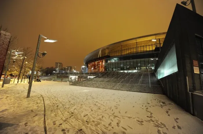 Framed Print : Winter's Embrace at Emirates Stadium: Arsenal's Snow-Covered Fortress, London (2009)