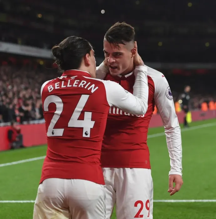 Framed Print : Xhaka and Bellerin Celebrate Arsenal's Victory Goals Against Liverpool (2017-18) Framed Print : Xhaka and Bellerin Celebrate Arsenal's Victory Goals Against Liverpool (2017-18)