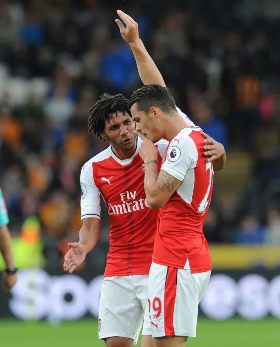 Framed Print : Xhaka and Elneny's Jubilant Moment: Arsenal's Four-Goal Surge Against Hull City