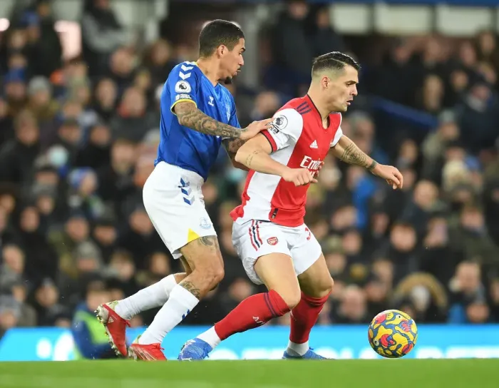 Framed Print : Xhaka Fouls Allan: Intense Moment from Everton vs. Arsenal Premier League Clash (2020-21)