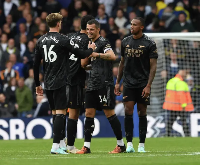 Framed Print : Xhaka and Holding's Reaction: Leeds United vs Arsenal FC, Premier League 2022-23