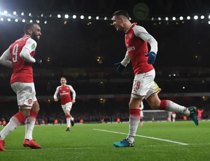 Framed Print : Xhaka and Lacazette Celebrate Arsenal's Carabao Cup Semi-Final Goals vs Chelsea