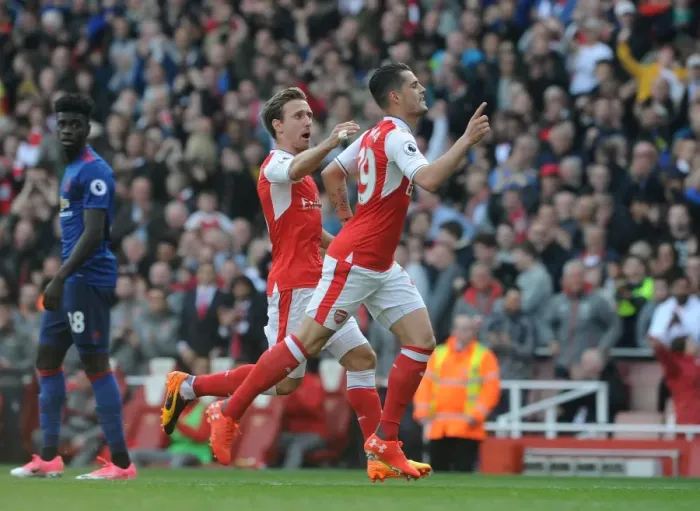 Framed Print : Xhaka and Monreal Celebrate Arsenal's First Goal Against Manchester United (2016-17)