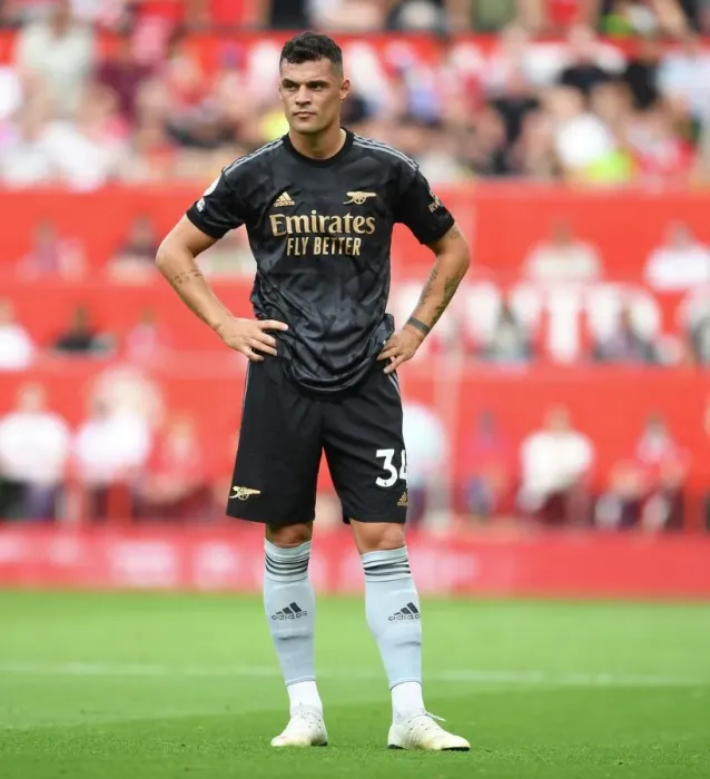 Framed Print : Xhaka at Old Trafford: Manchester United vs. Arsenal, Premier League 2022-23