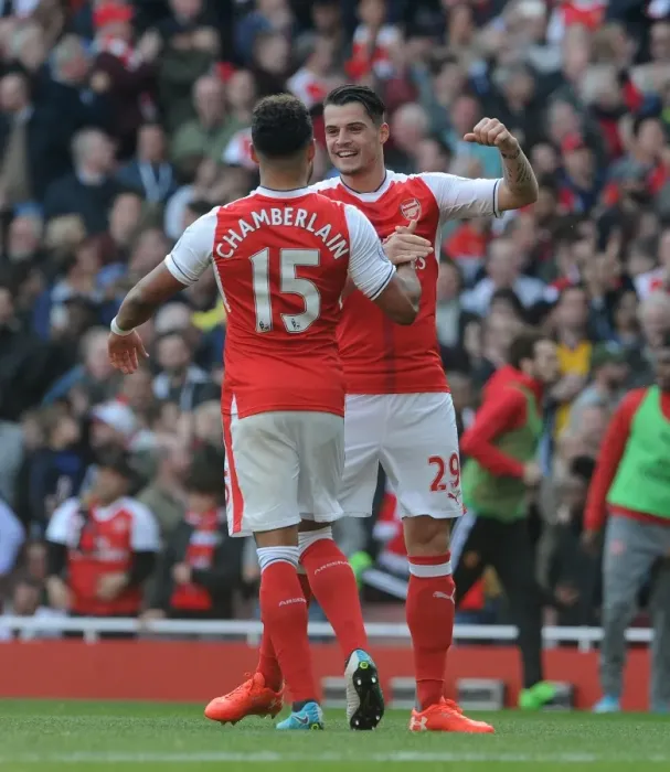 Framed Print : Xhaka and Oxlade-Chamberlain Celebrate Arsenal's First Goal vs Manchester United (2016-17) Framed Print : Xhaka and Oxlade-Chamberlain Celebrate Arsenal's First Goal vs Manchester United (2016-17)