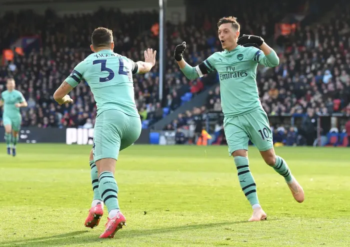 Framed Print : Xhaka and Ozil Celebrate Arsenal's First Goal Against Crystal Palace (2018-19)