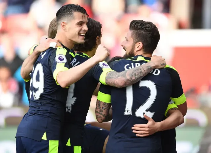 Framed Print : Xhaka, Ozil, and Giroud: Celebrating Arsenal's Goals Against Stoke City (2016-17) Framed Print : Xhaka, Ozil, and Giroud: Celebrating Arsenal's Goals Against Stoke City (2016-17)