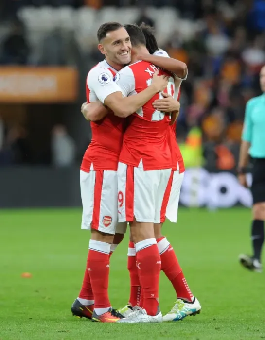 Framed Print : Xhaka and Perez: Arsenal's Four-Goal Celebration vs. Hull City (2016-17) Framed Print : Xhaka and Perez: Arsenal's Four-Goal Celebration vs. Hull City (2016-17)