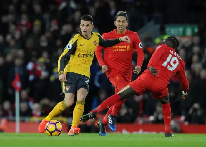 Framed Print : Xhaka Under Pressure: Liverpool vs. Arsenal, Premier League 2016-17