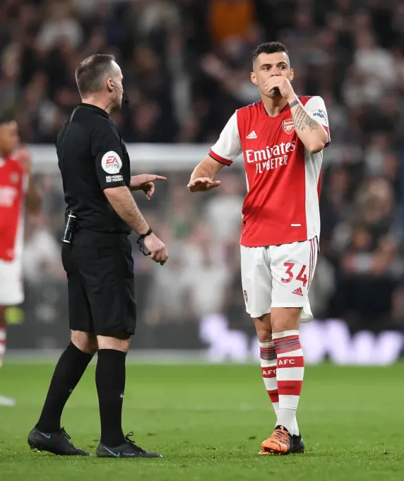 Framed Print : Xhaka and Referee Clash: Tottenham vs. Arsenal, Premier League 2021-22