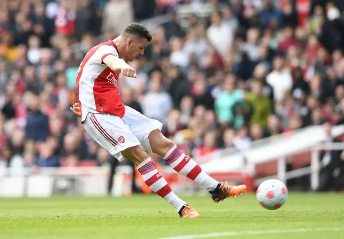 Framed Print : Xhaka Scores the Third: Arsenal Triumphs Over Manchester United in Premier League Showdown (2021-22)